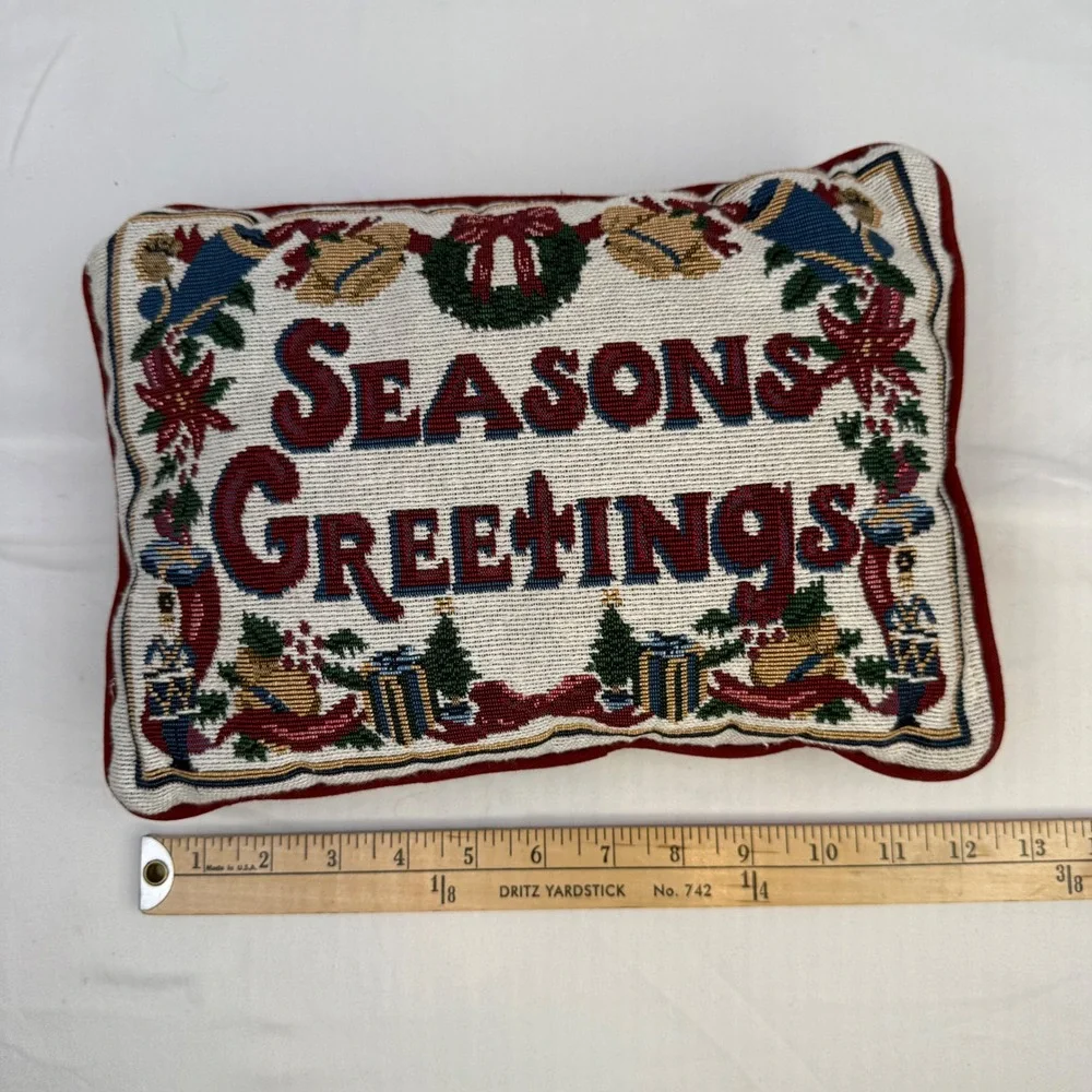 Vintage Seasons Greetings Tapestry Christmas Accent Pillow Woven Holiday Decor